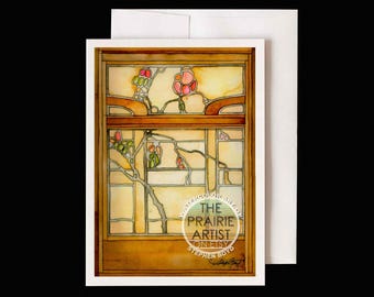 Blacker House Stained Glass Watercolor Note Card, Craftsman Architecture Greeting Card, Greene and Greene Floral Art, Arts & Crafts Movement