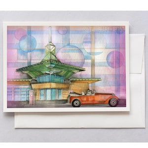 Wright Fuel Station Card, Watercolor Note Card, Cloquet Minnesota, 1937 AC Sports Tourer, Frank and Olgivanna, Car, Gift, Vintage Cars