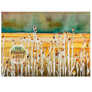Konza Prairie Wildflowers in Autumn Watercolor Art Print, Flint Hills Scenery, Great Plains Kansas Big Sky Landscape and Amber Tallgrass