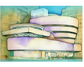 Guggenheim Museum NYC, Watercolor Print, Fine Art, Wright, Architecture, Architectural Style Streamlined Moderne, New York City