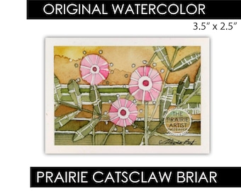 Catsclaw Briar on Konza Prairie Original ACEO Watercolor Painting, Kansas Flint Hills Sunset, Miniature Wildflower Art 2.5 x 3.5 Inch