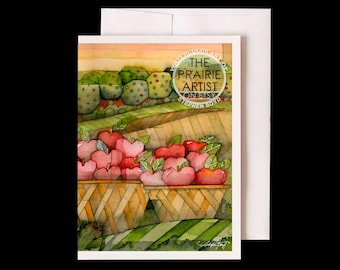 Ripe Apple Harvest on Prairie Farm Watercolor NoteCard, Gathering Red Apples in Orchard, Autumn Art Greeting Card, Fall Basket Note Card
