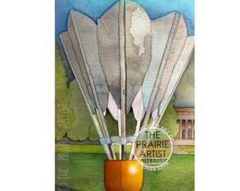 Kansas City Shuttlecock Art, Giant Claes Oldenburg Sculpture Watercolor Print, Nelson Atkins Museum Kansas City, Architecture, Artwork