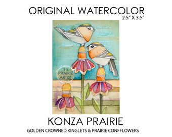 Golden Crowned Kinglets & Prairie Conflowers Hand Painted Watercolor, Konza Prairie Original Artwork, Flint Hills Kansas, 2.5 x 3.5 ACEO
