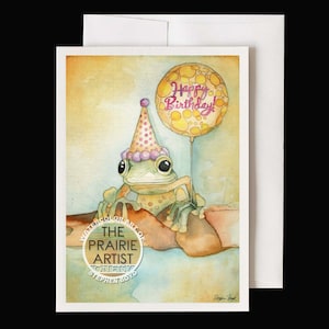 Cute Tree Frog Happy Birthday Card, Watercolor Art of Frog in Festive Hat Holding Balloon Giving Birthday Wishes, Unique Colorful Card