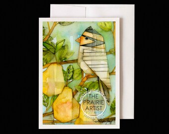 Partridge & Pear Tree Watercolor Card, All Occasion Card A7 7x5, Bird Christmas Card, Winter Greeting, Blank Inside, 12 Days of Christmas