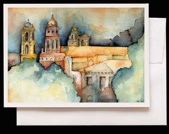 KC Plaza Watercolor Greeting Card featuring the architectural iconic towers of the Kansas City landmark, Country Club Plaza