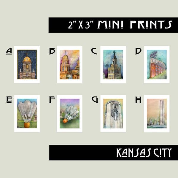 2" X 3" mini watercolor prints of the Kansas City Plaza, Western Auto Bldg., and Nelson Adkins Shuttlecocks.  Giclee.