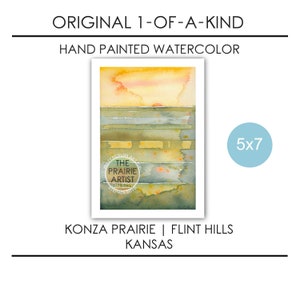 Konza Prairie Flint Hills Kansas Sunset HAND PAINTED Watercolor Art, 5 x 7 Midwest Landscape, Heartland Native Tallgrass Grassland