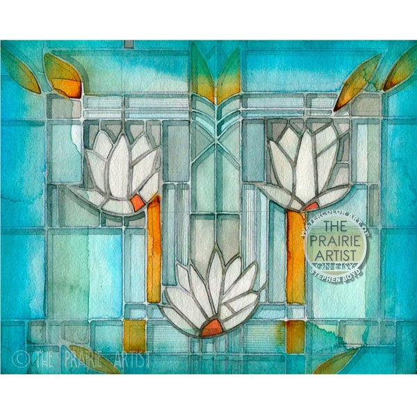 Mission Style Water Lilies Watercolor Stained Glass, Inspired by Wright's Drawings, Gallery Art, Arts and Crafts Illustration, Images