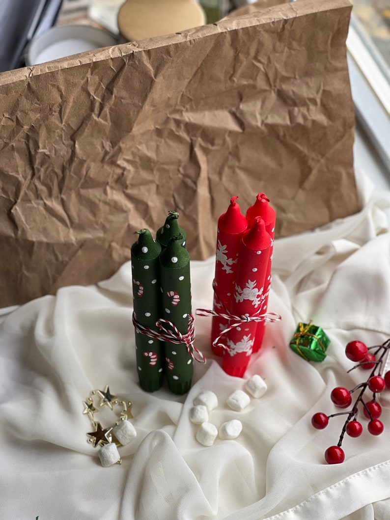 Christmas Candle Gifts,hand Painted,christmas Taper Candles,beeswax