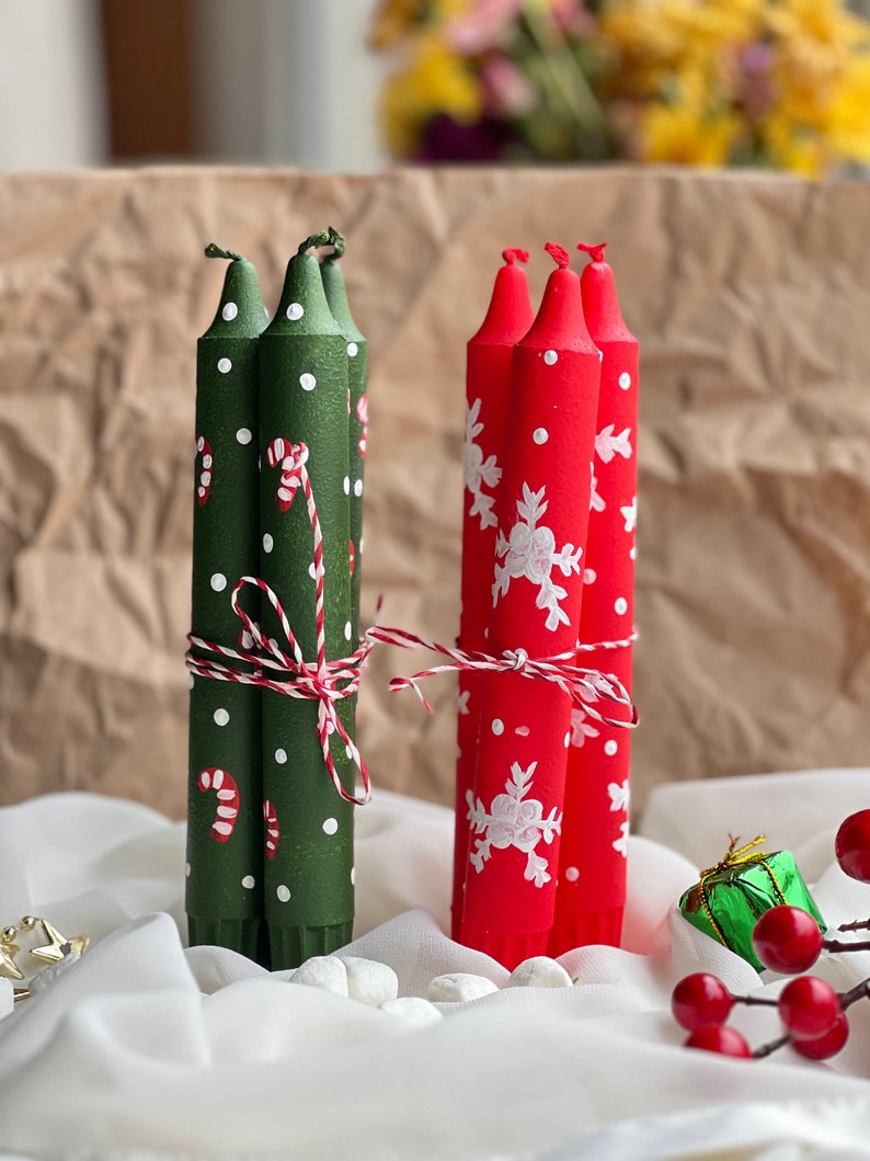 Christmas Candle Gifts,hand Painted,christmas Taper Candles,beeswax