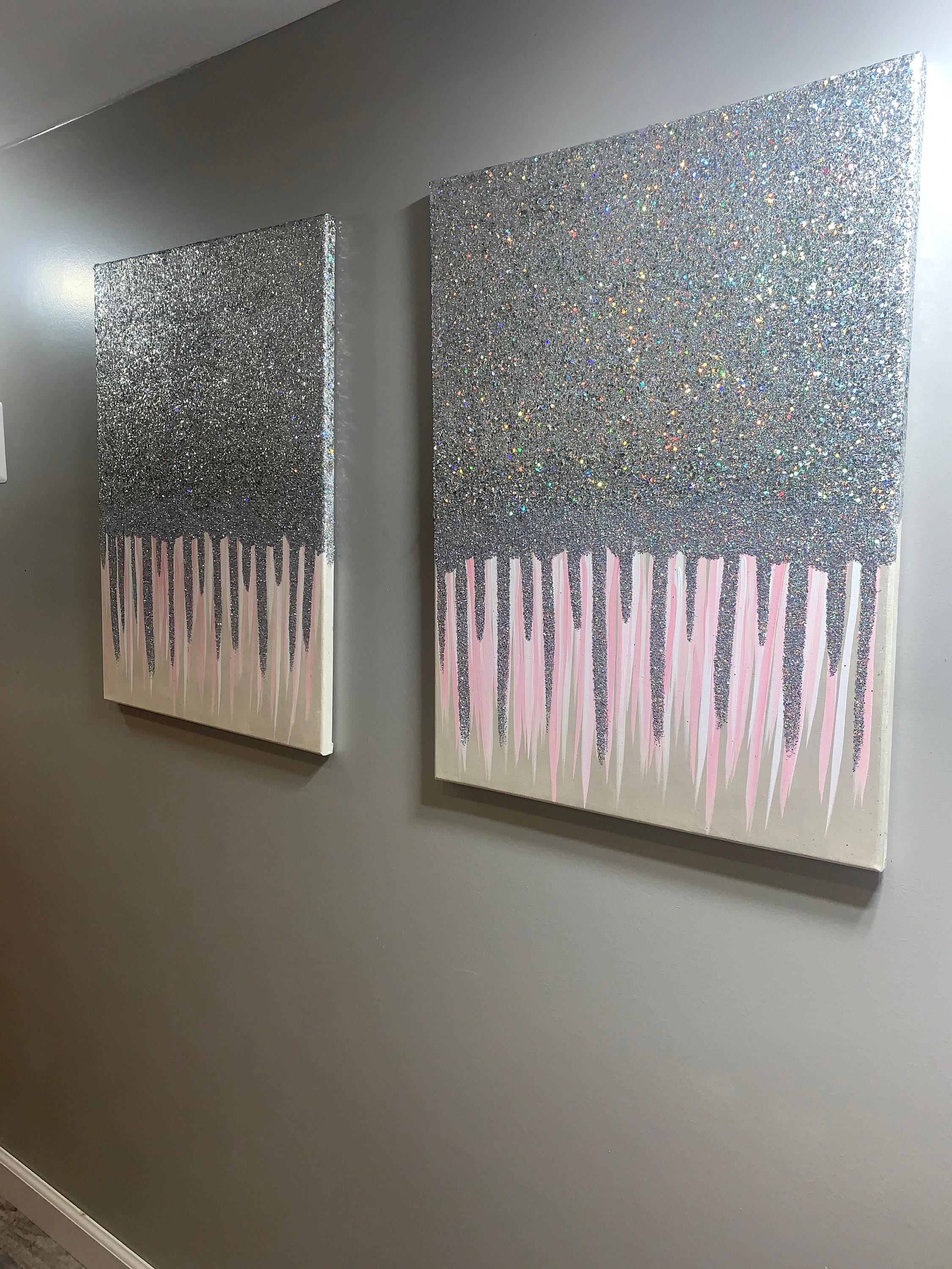 Set of 2 Shiny painting silver glitter canvas wall art Modern Etsy