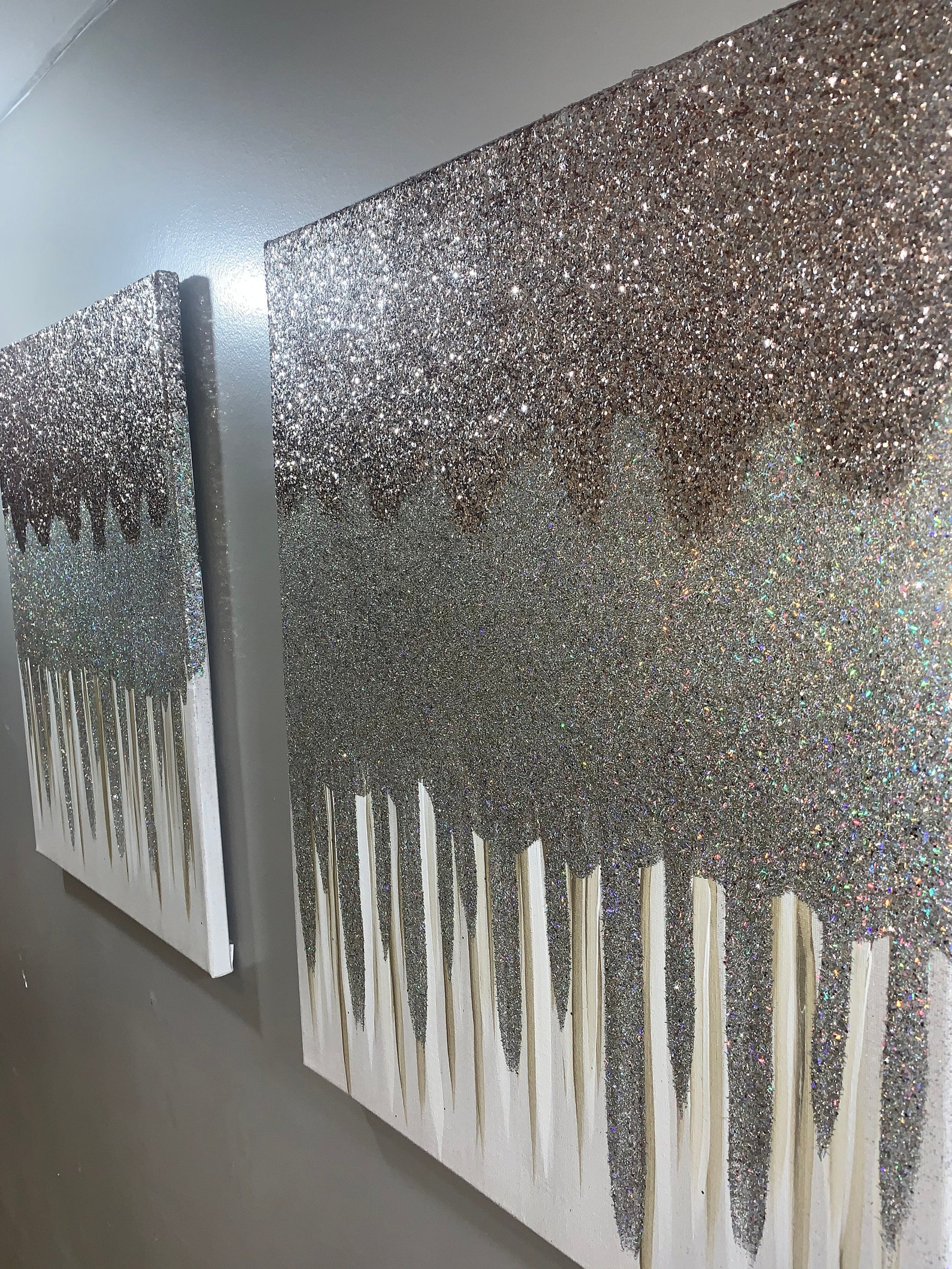 Set of 2 Shiny painting silver glitter canvas wall art Modern Etsy