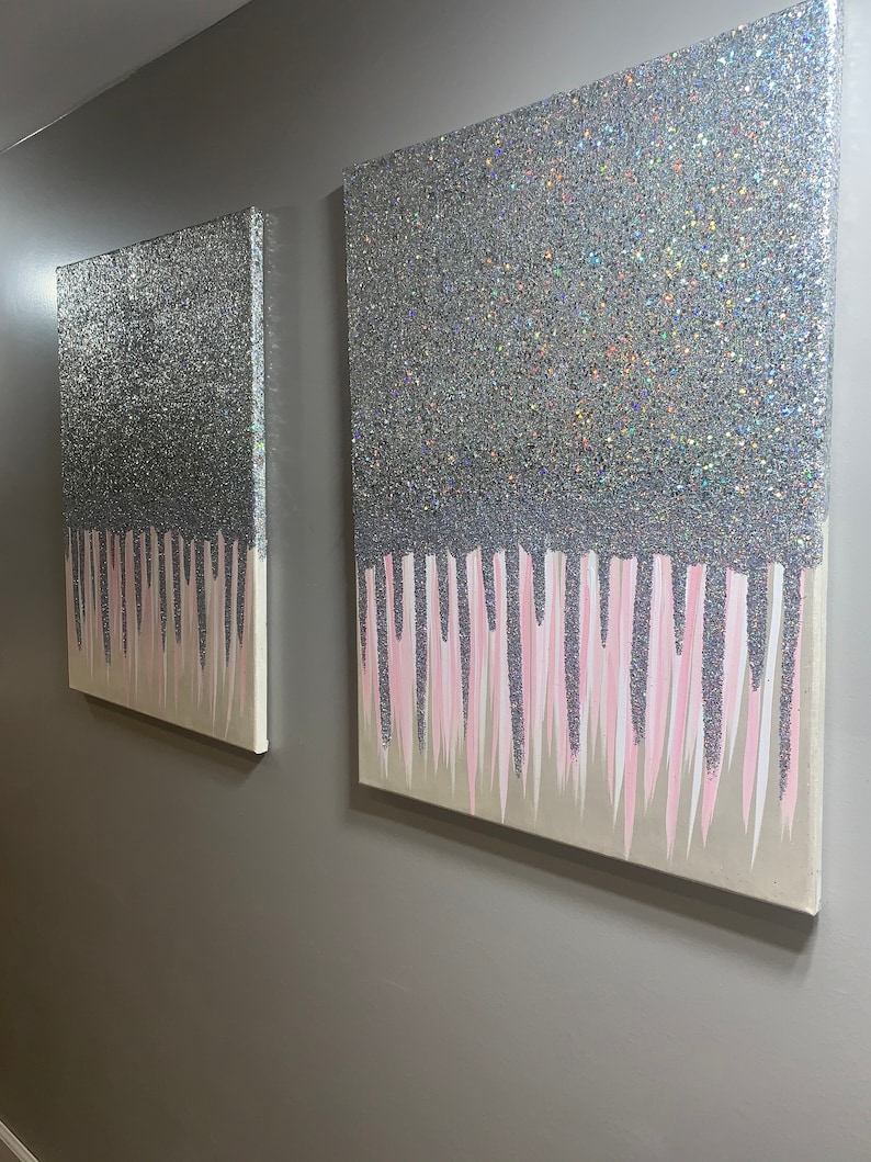 Set of 2 Shiny painting silver glitter canvas wall art Modern Etsy