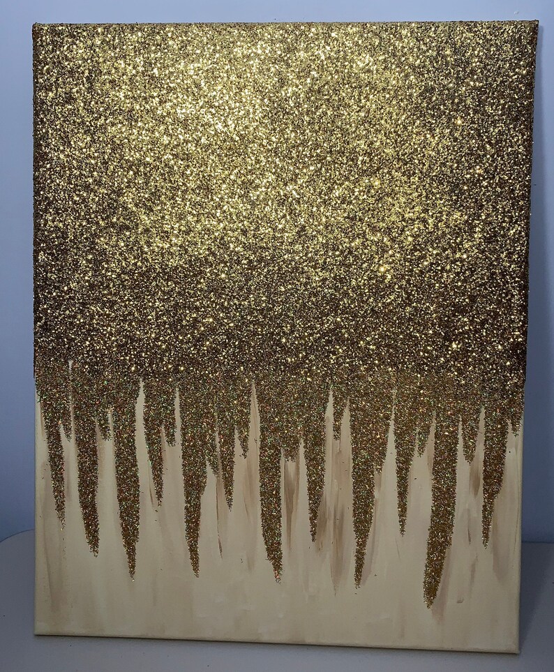Shiny painting Gold glitter canvas wall art modern acrylic Etsy