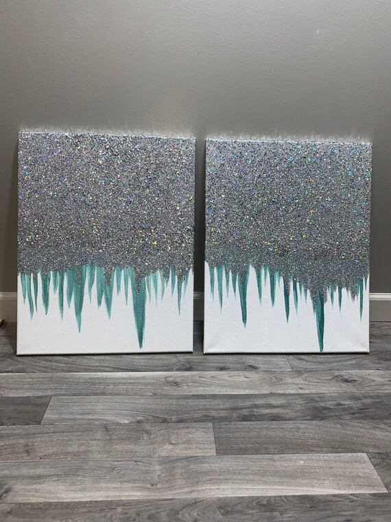 Shiny painting silver glitter canvas wall art Modern acrylic Etsy