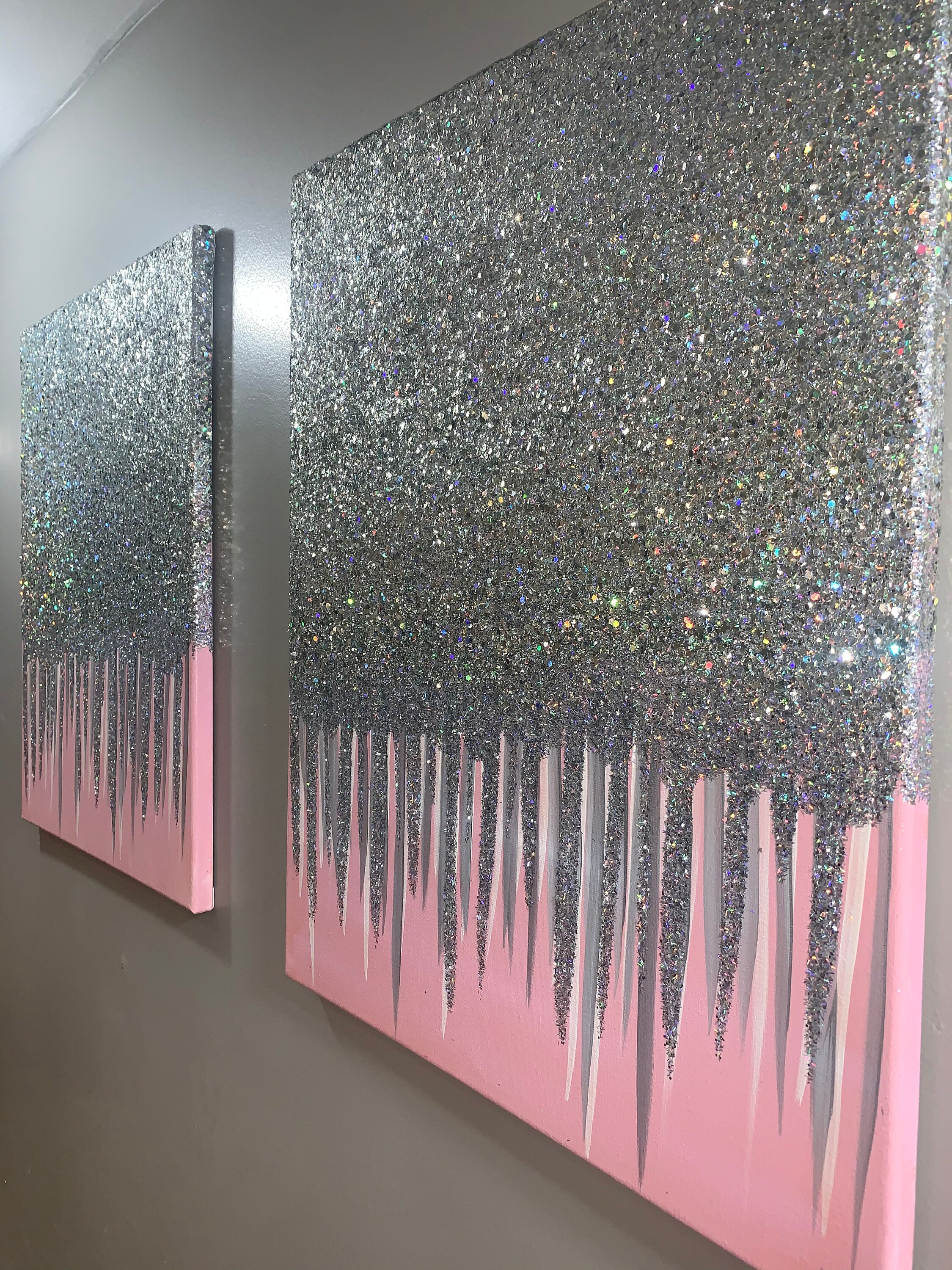 Set of 2 Shiny painting silver glitter canvas wall art Modern Etsy