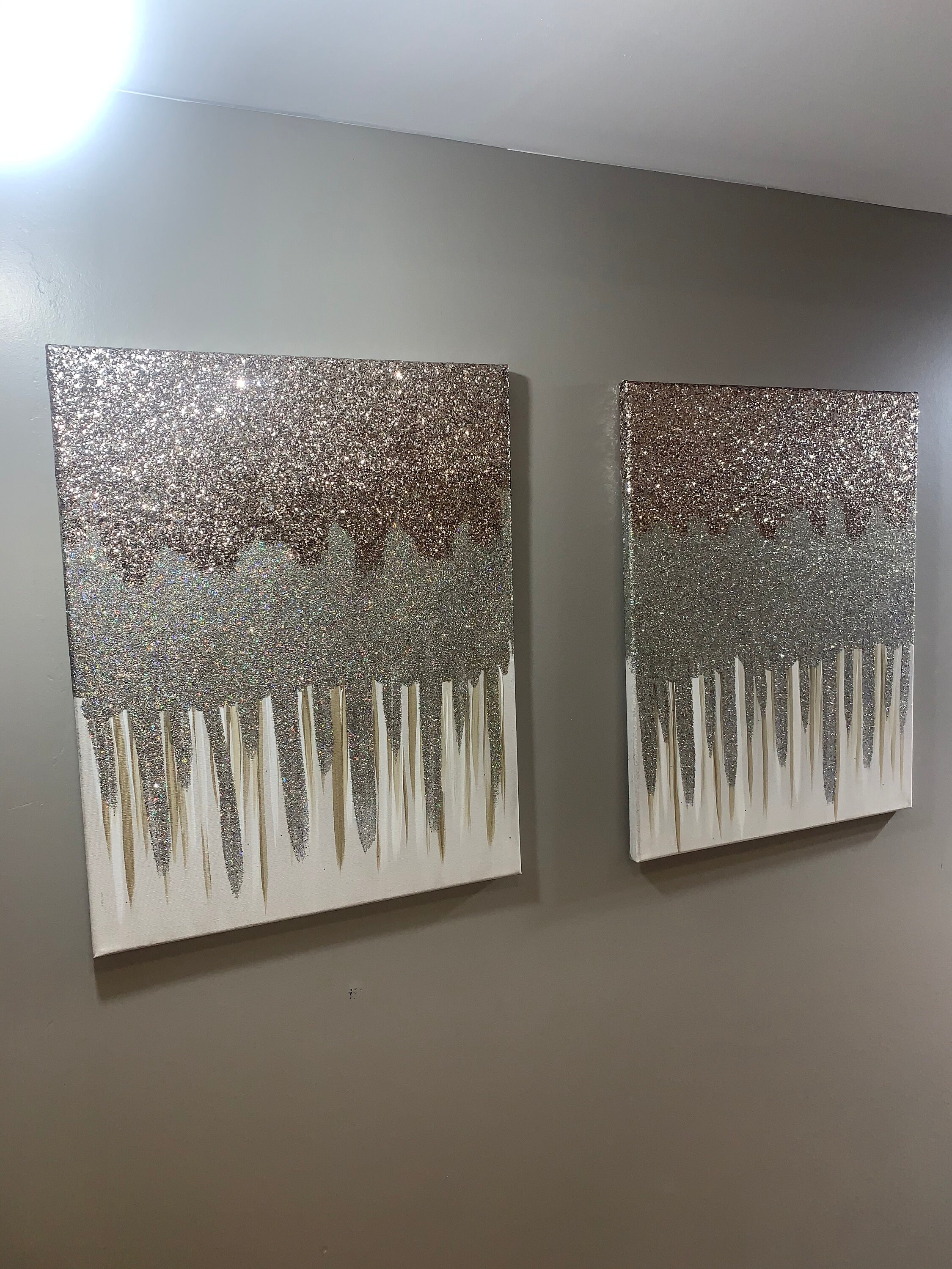 Set of 2 Shiny painting silver glitter canvas wall art Modern Etsy