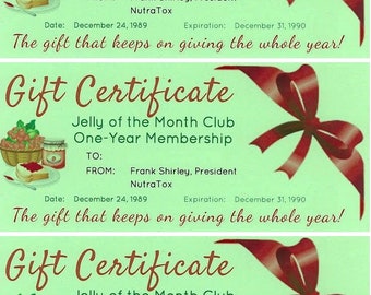 National Lampoon&#39;s Christmas Vacation &gt; Lot of 3 Jelly Of The Month Club Certificate