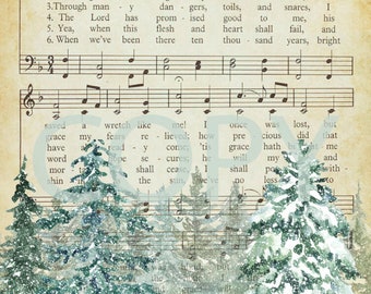 May include: A vintage sheet music print of the hymn "Amazing Grace" with a snowy winter forest scene overlayed. The lyrics are visible and include the first verse and chorus of the hymn.