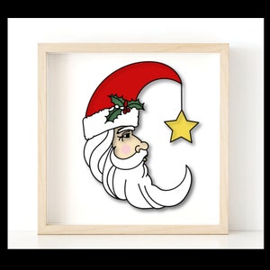 Op de afbeelding: Een rood en wit kerstman gezicht in de vorm van een halve maan met een groene hulsttak en een gouden ster die aan de hoed hangt.