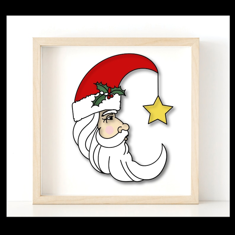 Op de afbeelding: Een rood en wit kerstman gezicht in de vorm van een halve maan met een groene hulsttak en een gouden ster die aan de hoed hangt.