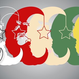 Op de afbeelding: Vijf halve maan ornamenten met sterren die eraan hangen. De manen zijn in verschillende kleuren: zwart-wit, wit, rood, beige, groen en geel.