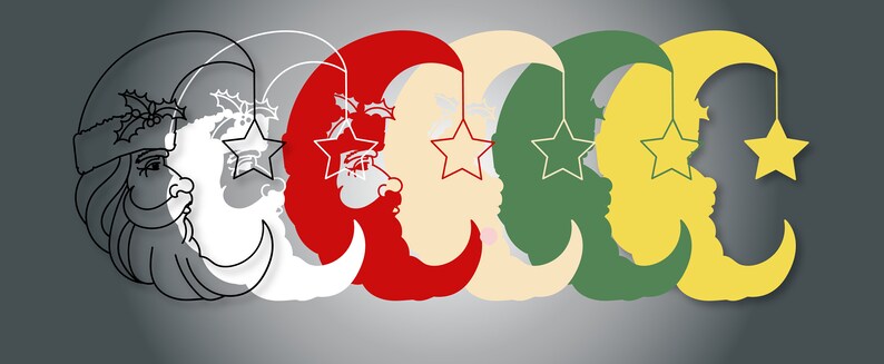 Op de afbeelding: Vijf halve maan ornamenten met sterren die eraan hangen. De manen zijn in verschillende kleuren: zwart-wit, wit, rood, beige, groen en geel.