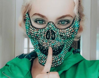 Emerald green Skull mask: face mask, skull mask, tear drops, crystals, festival, music festival