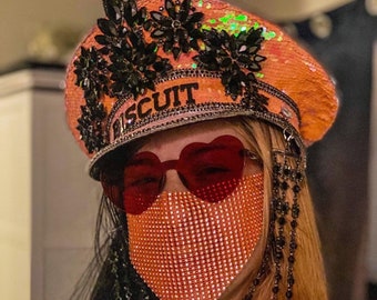 Orange Sequin captain hat: rave, cap, burning man marching band, edm