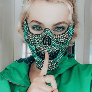 Emerald green Skull mask: face mask, skull mask, tear drops, crystals, festival, music festival