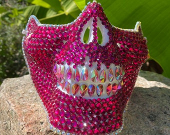 Pink skull mask with pink tears : face mask, skull mask, tear drops, crystals, festival, music festival