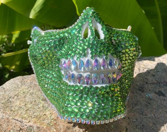 Green skull mask with white tears : face mask, skull mask, tear drops, crystals, festival, music festival