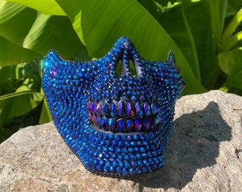 Dark blue skull mask with blue tears : face mask, skull mask, tear drops, crystals, festival, music festival