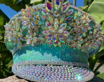 Aqua Sequin captain hat: festival hat, military hat, rave, cap, costume, burning man marching band, edm