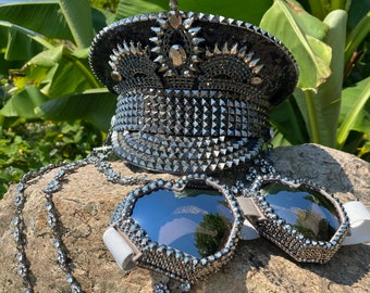 Gothic Sequin captain hat: festival hat, military hat, rave, cap, costume, burning man marching band, edm