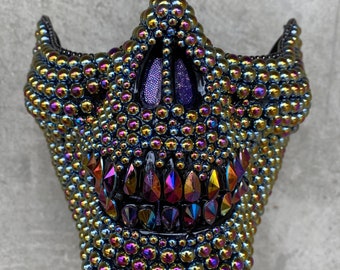 Black AB Pearl Skull mask: face mask, skull mask, tear drops, crystals, festival, music festival