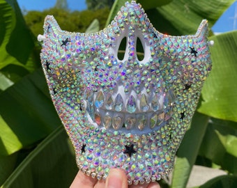 White iridescent skull mask with stars: face mask, skull mask, tear drops, crystals, festival, music festival