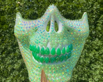 Green Skull mask: face mask, skull mask, tear drops, crystals, festival, music festival