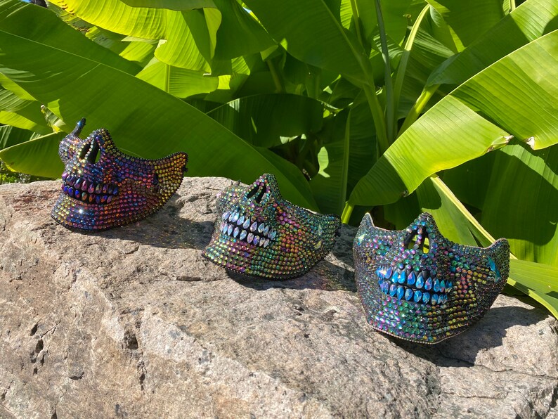 Maschera teschio camaleonte arcobaleno con lacrime: maschera per il viso, maschera teschio, lacrime, cristalli, festival, festival musicale immagine 7
