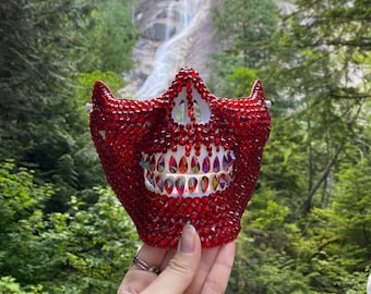 Red skull mask with tears : face mask, skull mask, tear drops, crystals, festival, music festival