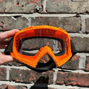 Neon orange uv reactive rhinestoned goggles: goggles, burning man, snowboarding