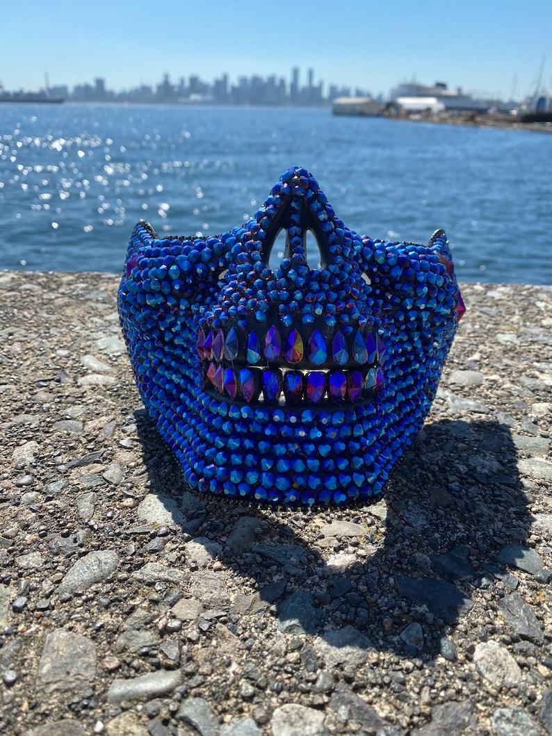 Mörkblå dödskallemask med blå tårar: ansiktsmask, dödskallemask, tårdroppar, kristaller, festival, musikfestival bild 8