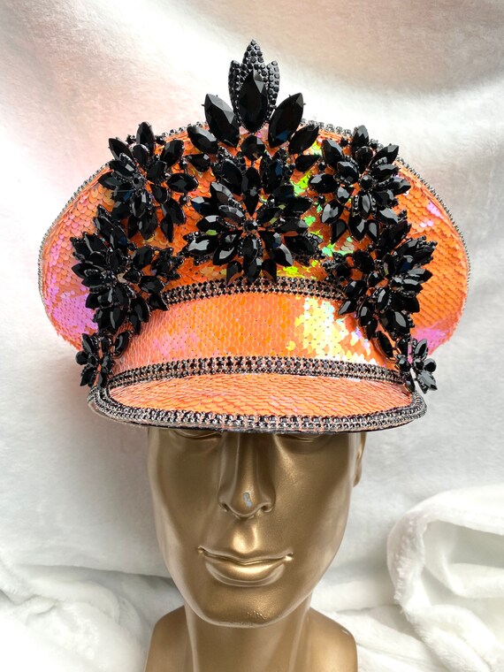 Orange Sequin Captain Hat: Rave Cap 