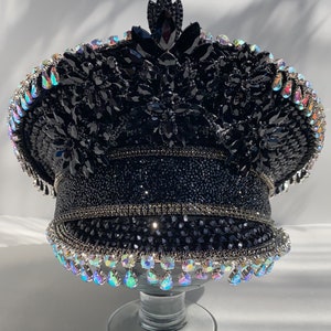 Black Ultimate captain hat: Holographic, iridescent, captain hat, bedazzled, marching band, rave outfit, burning man hat, burningman captain
