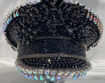 Black Ultimate captain hat: Holographic, iridescent, captain hat, bedazzled, marching band, rave outfit, burning man hat, burningman captain