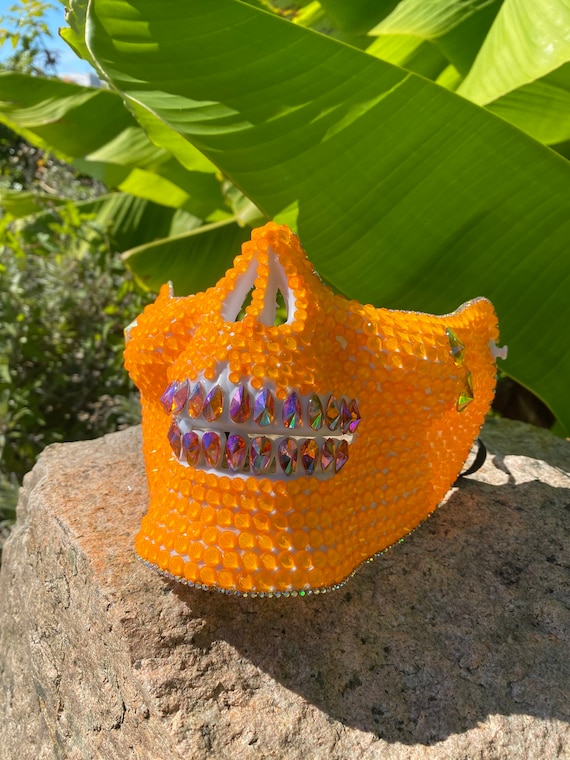 NeonOrange Glow in the dark Skull mask : face mask, skull mask, tear drops, crystals, festival, music festival, half face skull mask, skulls