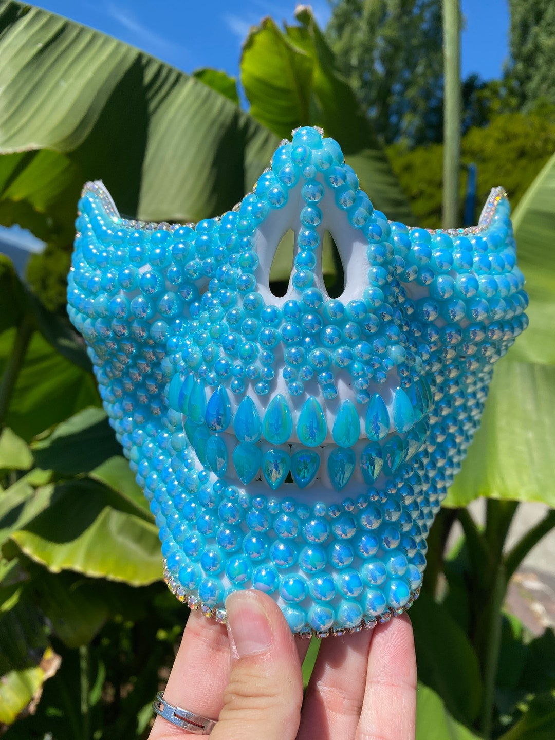 Blue Pearl Skull Mask Face Mask, Skull Mask, Tear Drops, Crystals