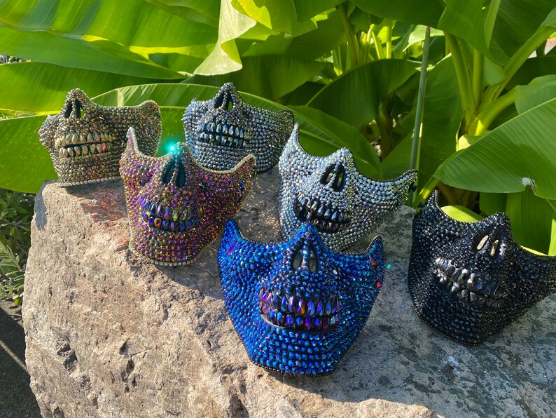 Mörkblå dödskallemask med blå tårar: ansiktsmask, dödskallemask, tårdroppar, kristaller, festival, musikfestival bild 7
